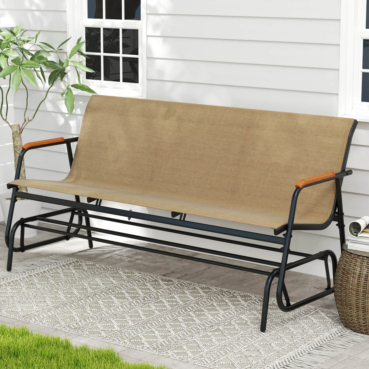 Costway Patio Glider Bench for 3, Swing Gliding Long Seat with Curved Teak Armrests Gray